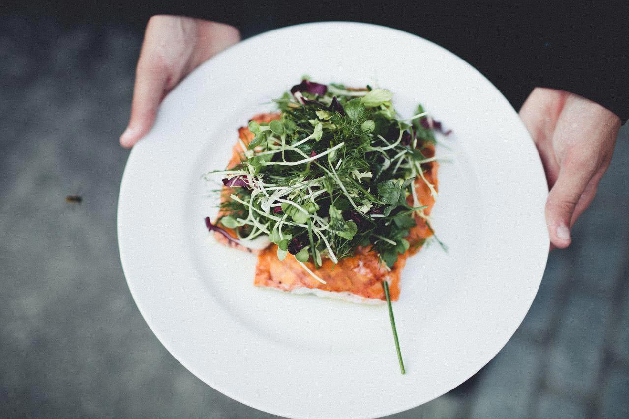 person holding white plate with salmon and greens | Lisa Dupar Catering | Wedding & Event Catering in Seattle